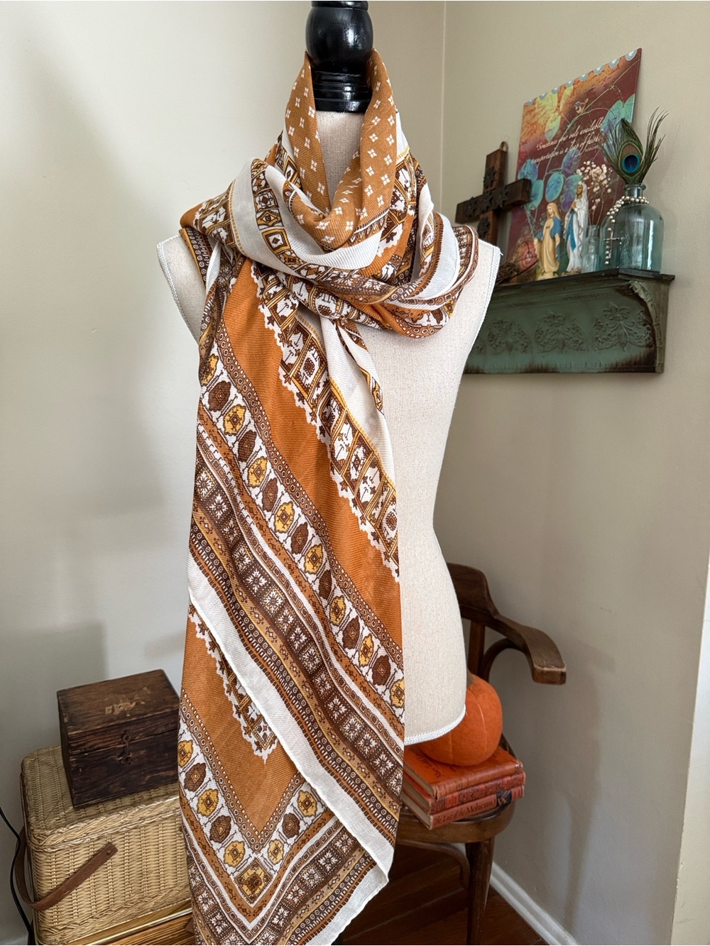 Vintage Geometric Border Print Square Scarf Neckerchief Ochre Brown